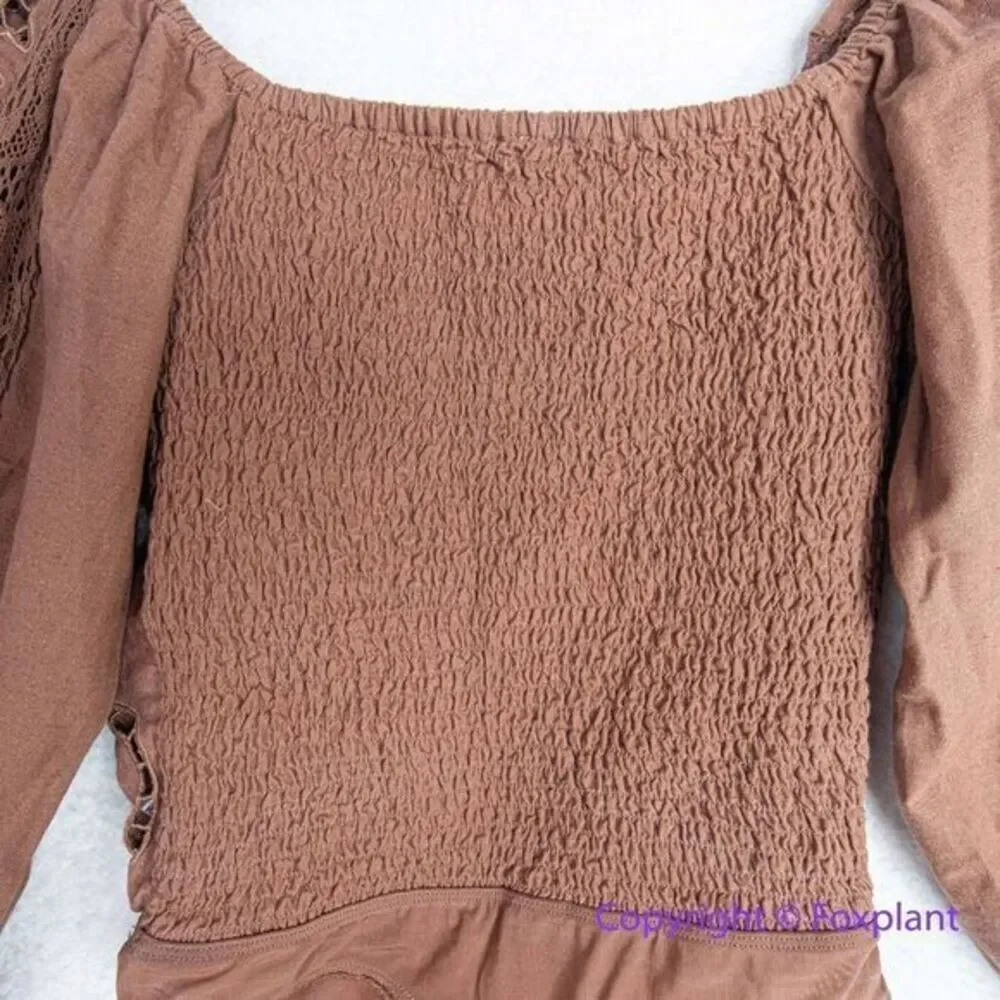 NEW Free‎ People Intimately Brown Regina Boho Long Sleeve Bodysuit, S